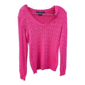 Ralph Lauren Sports Jumper Womens Pink Small Sweater Cable Knit Pink V-Neck